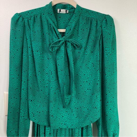 Vintage Womens M Kelly Green Alligator Print Tie Neck Secretary Twee Midi Dress - Picture 1 of 9